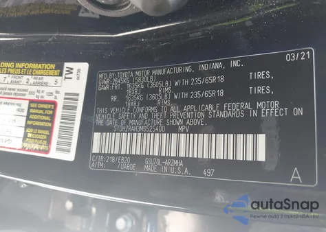 2021 Toyota Highlander Xle from USA, damaged, VIN 5TDHZRAH3MS525400